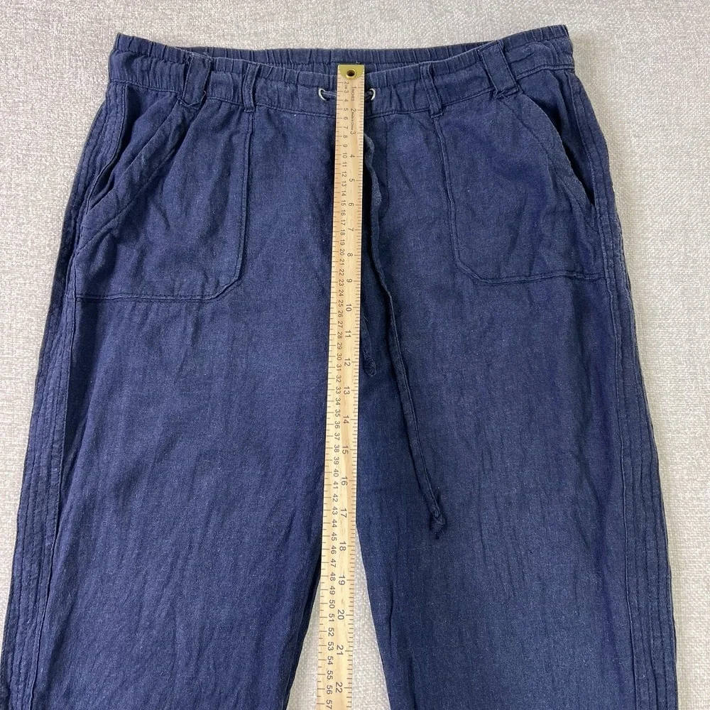 Womens Linen Coastal Gauze Boho Wide Leg Barrel Drawstring Pant Navy Blue Size L